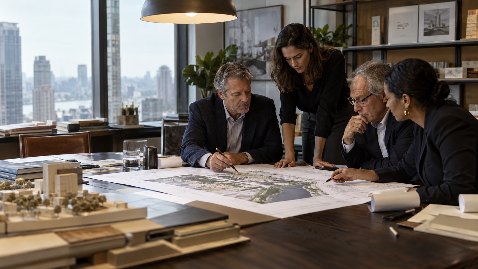 Equipe sênior analisando um projeto de infraestrutura